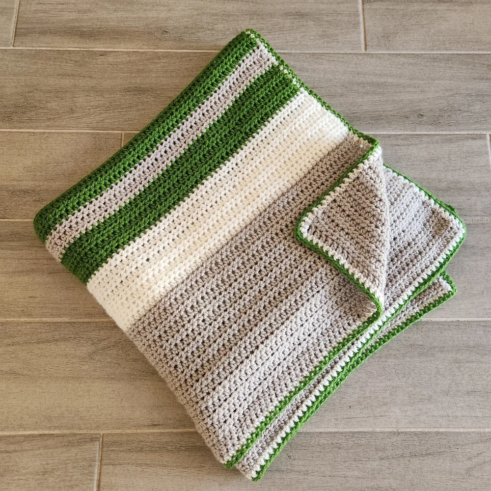 Hand knit blanket grey green wool blend stripes crochet throw couch runner decor